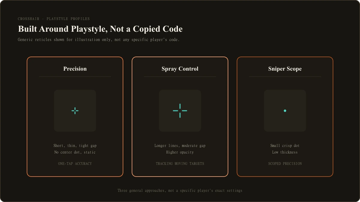 An original LootVora diagram showing three generic reticle silhouettes side by side, representing a precision profile, a spray-control profile, and a sniper-scope profile, labeled only by playstyle, not by any real player's name or an implied real in-game screenshot.