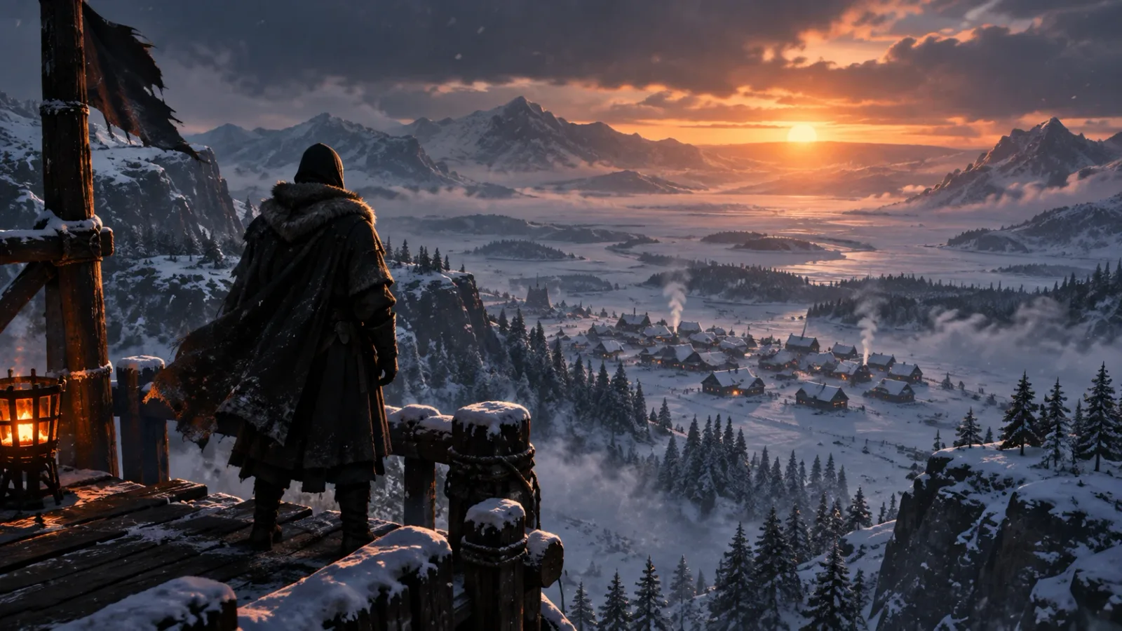 An editorial illustration of a lone cloaked figure standing on a snowy ridge, looking out over a distant, hazy frozen settlement at dusk, evoking distance and assessment rather than gameplay